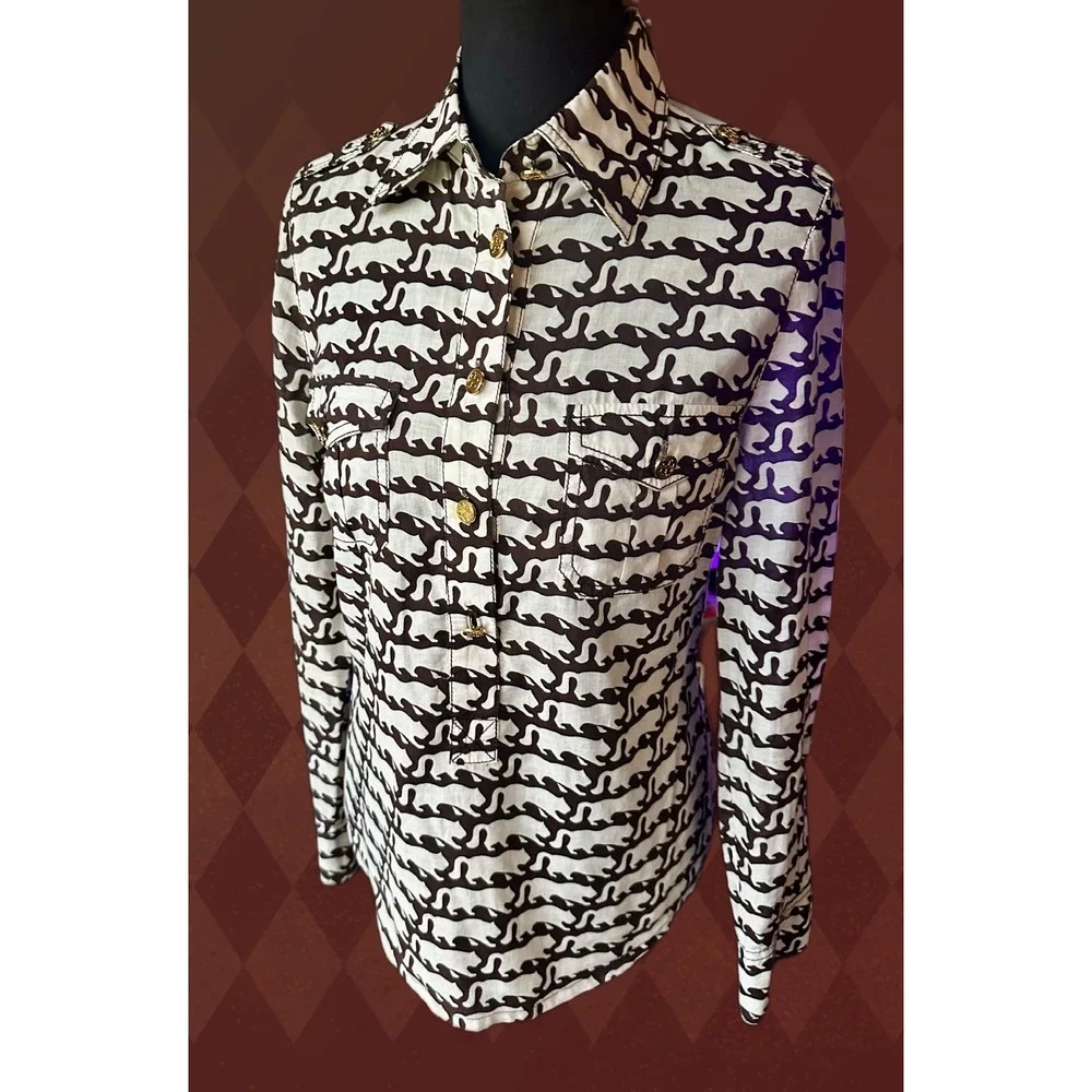 Tory Burch‎ Women Brown White Cotton Button Down Shirt Epaulettes size 4